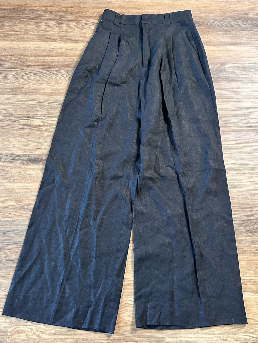 AURETA Anthropologie High Waist Pleat Wide Leg Baggy Linen Pants SZ 27 Black EUC